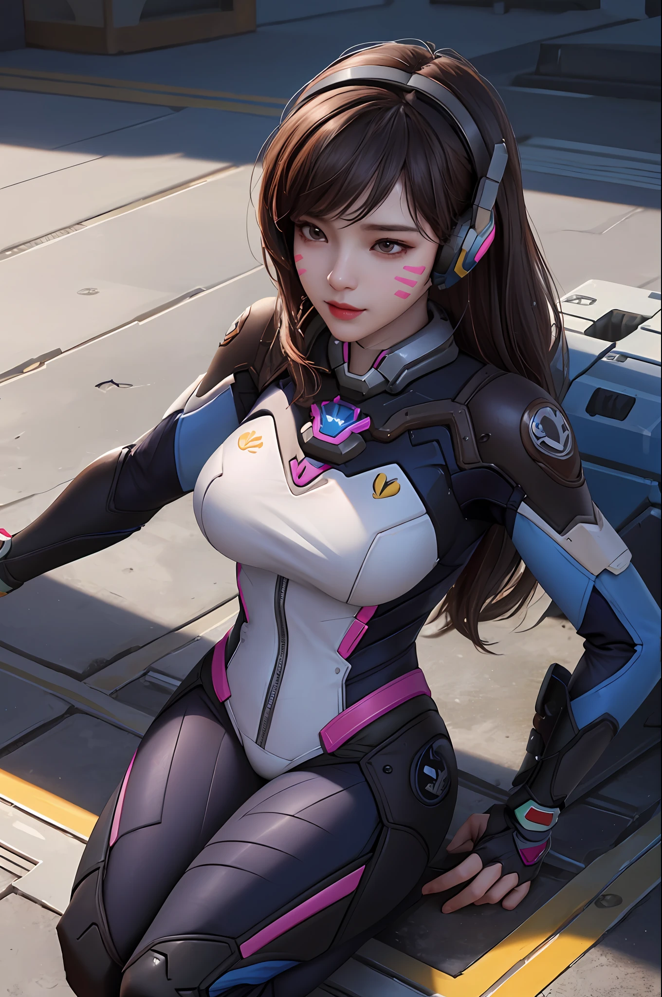 masterpiece, raw, realistic, high-resolution, (detailed), (photograpy), (photorealistic), (wide_shot:1.2), full_body, 1girl, solo focus, long hair, d.va (overwatch), brown hair, bodysuit, facial mark, whisker markings, seductive smile, large breasts, headphones, gloves(kbxll:1), ulzzang-6500, (korean mixed, kpop idol), (overwatch background),  (she is captured and sexually abused by her enemies:1.4)