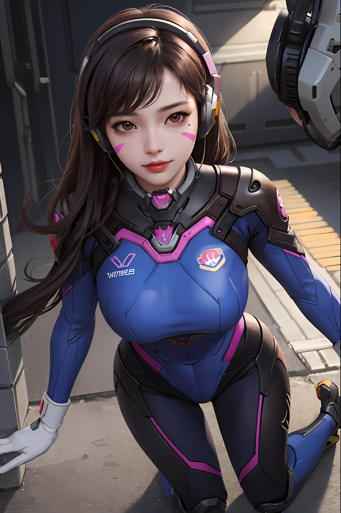 masterpiece, raw, realistic, high-resolution, (detailed), (photograpy), (photorealistic), (wide_shot:1.2), full_body, 1girl, solo focus, long hair, d.va (overwatch), brown hair, bodysuit, facial mark, whisker markings, seductive smile, large breasts, headphones, gloves(kbxll:1), ulzzang-6500, (korean mixed, kpop idol), (overwatch background),  (she is captured and sexually abused by her enemies:1.4)