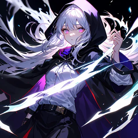 godlike anime character with hood and cape with glowing divine white eyes, cloaked, dark cape, with glowing eyes, dark robed, bl...
