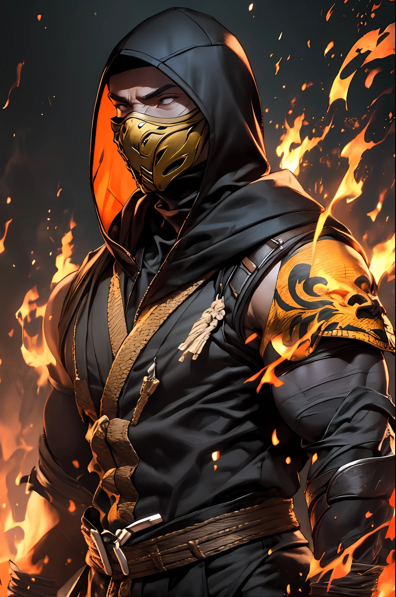 1 man, solo, Scorpion, mortal kombat, tall, muscular, hunk, yellow and black face mask, wearing orange-ish yellow and black ninja clothes, yellow fabric hood, fire in the background, upper body shot, best quality:1.2, high resolution:1.2, masterpiece, low camera angle, detailed outfit, shadows, volumetric lighting, landscape of hell in the background