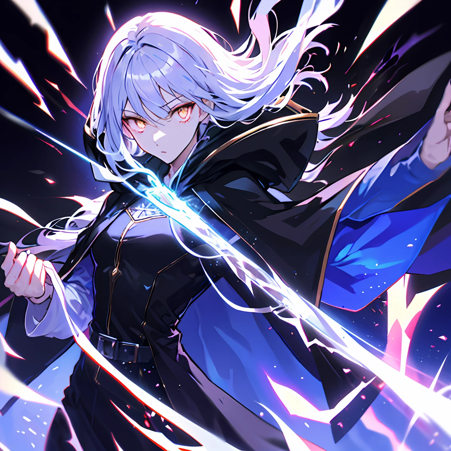 godlike anime character with hood and cape with glowing divine white eyes, cloaked, dark cape, with glowing eyes, dark robed, black robes with purple outline, white divine hair underneath hood, obscured face, a godlike being with impossible power, dynamic lighting, intense lighting