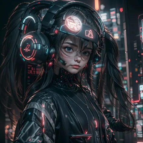 1girll，perfect facial features，delicated face，(((clean face)))，(cyber punk perssonage:1.3)，bring headphones，illuminated helmet a...