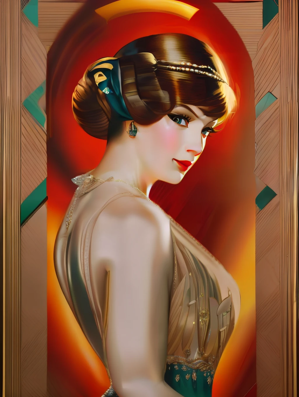 (Masterpiece) portrait of an Insanely gorgeous art-deco sophisticated lady, hyperdetailed, in the style of Ted Withers and Alberto Vargas