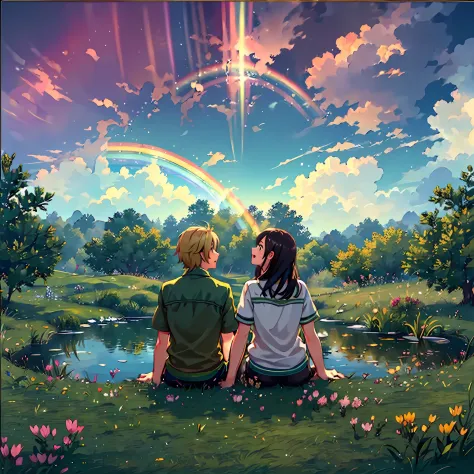 /imagine prompt: an older girl and a young boy sitting on a green grass field, the girl pointing towards the distance, both thei...