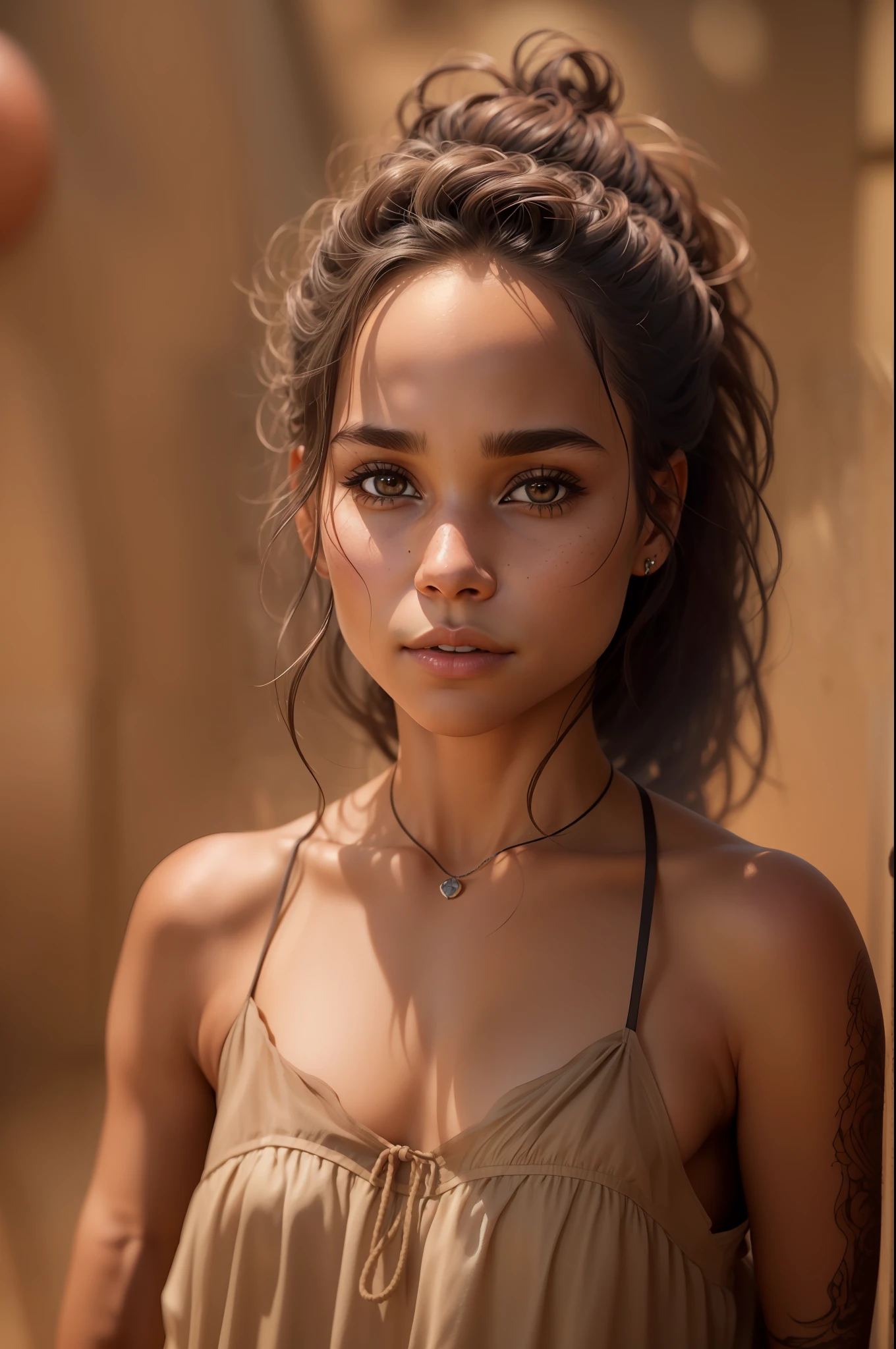 ((Zoe Kravitz guckt neugierig)), ((sie geht in einer Savanne)), ((die Sonne geht auf)), ((she wears a long brown dress made of cotton)), ((long dress)), ((she has round breasts)), (kleiner Kopf), ((detailliertes Gesicht)), Weiches filmisches Licht, ((((Kino-Look)))), (fotorealistisch), (Raytracing), (scharfer Fokus), ((natural realistic skin texture)), detailliertes Gesicht, detaillierte Lippen, detaillierte Augen, doppeltes Augenlid