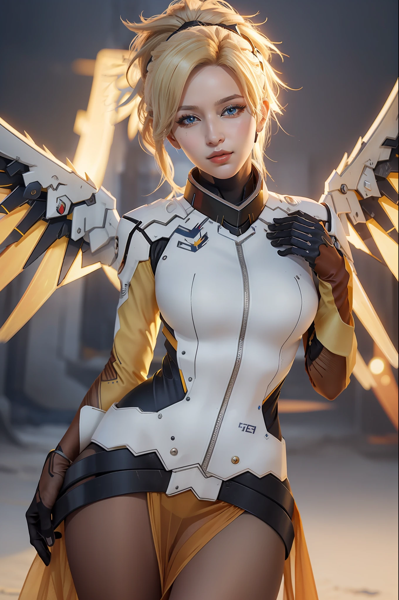 (masterpiece, best quality),  intricate details,
1girl,    1girl, solo, mercy (overwatch), mechanical halo, breasts, blue eyes, blonde hair, pantyhose, mechanical wings, wings, halo,  holding, bodysuit, cowboy shot,  yellow wings, brown pantyhose, lips, gloves, pelvic curtain, black gloves,