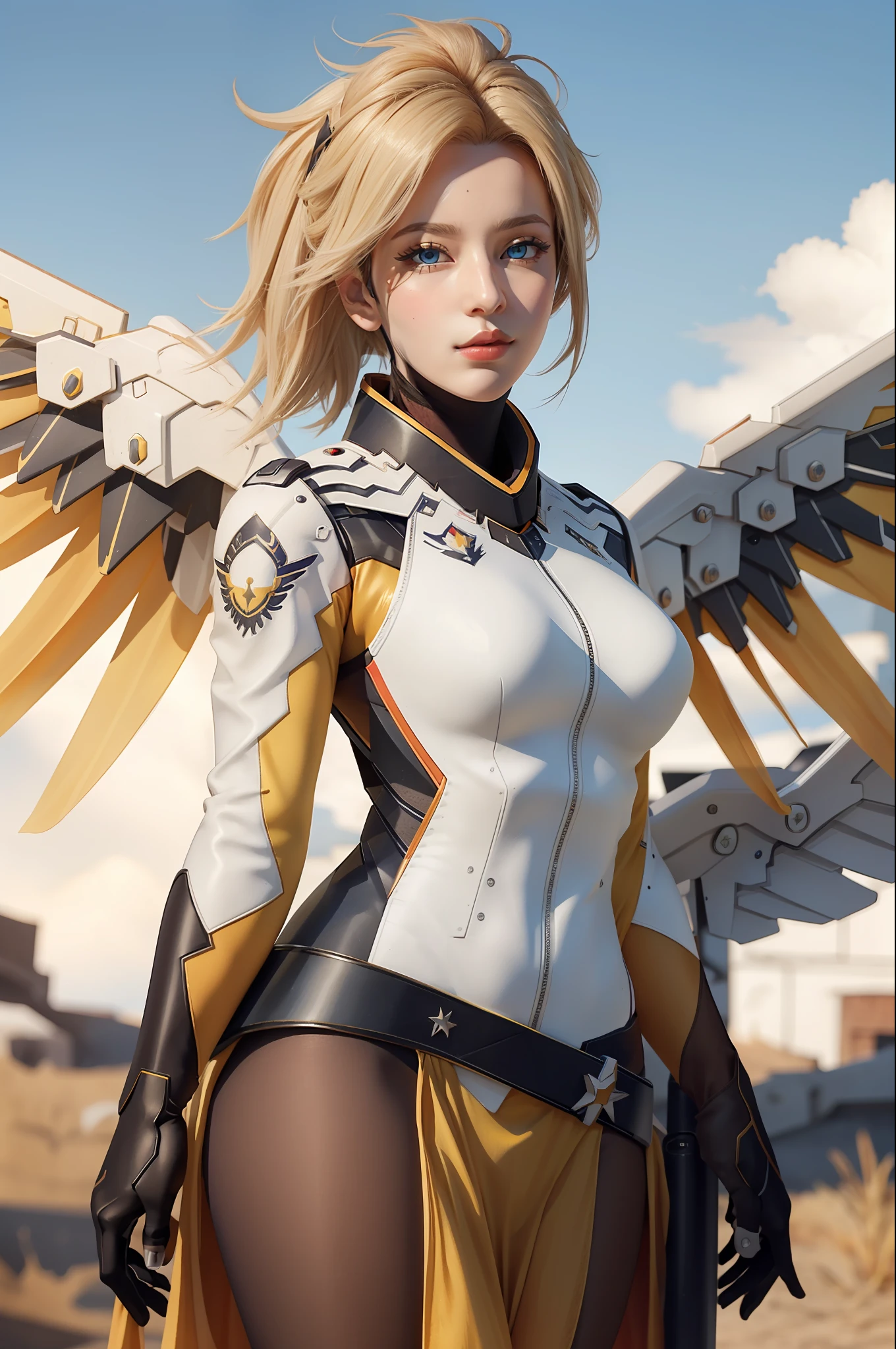 (masterpiece, best quality),  intricate details,
1girl,    1girl, solo, mercy (overwatch), mechanical halo, breasts, blue eyes, blonde hair, pantyhose, mechanical wings, wings, halo,  holding, bodysuit, cowboy shot,  yellow wings, brown pantyhose, lips, gloves, pelvic curtain, black gloves,