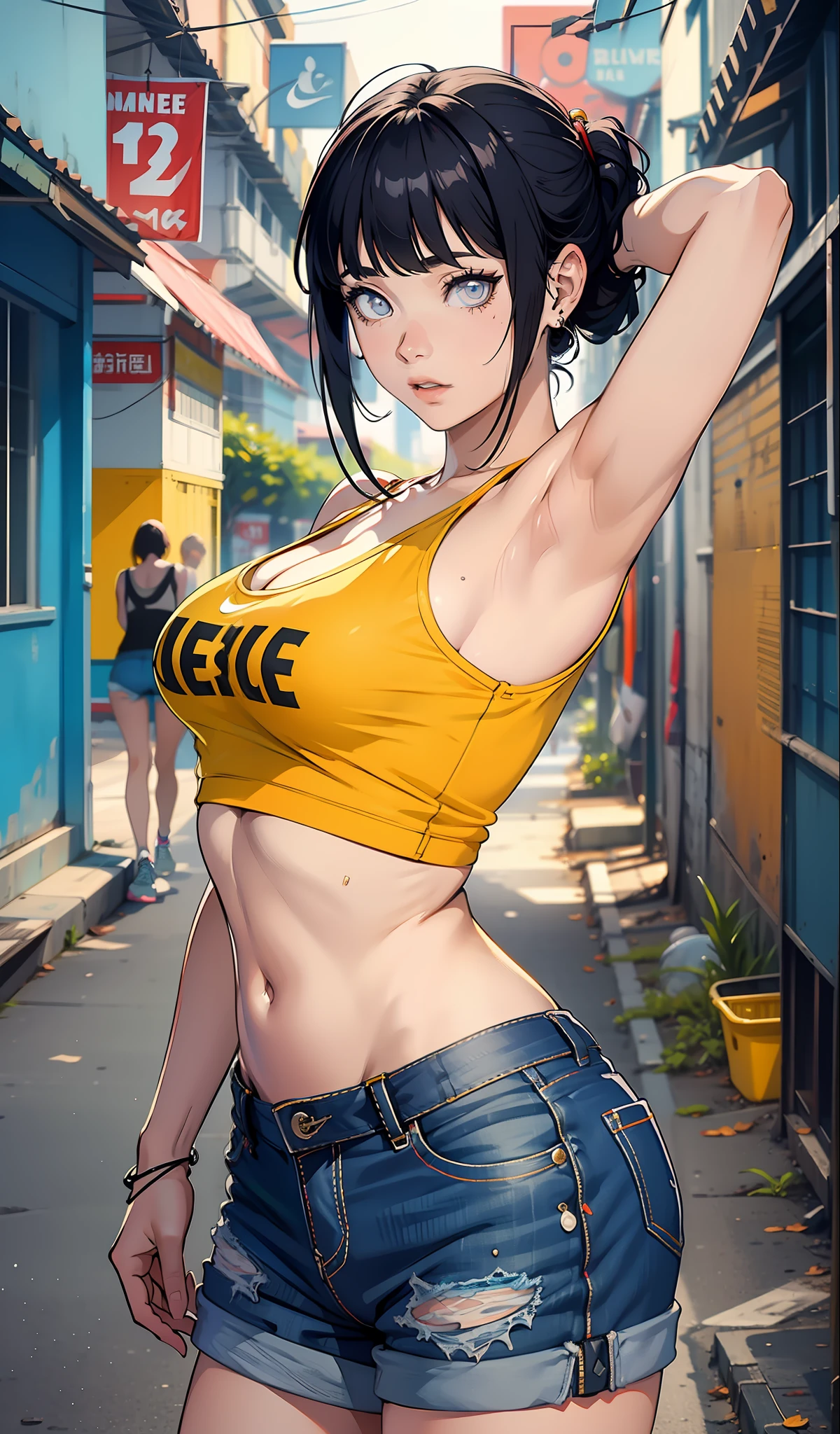 Hinata Hyuga, muito sensual, com roupas de funkeira Lacoste, Oakley Juliet, brasileira, na cidade do rio de janeiro, Brasil, dancing funk, rebolando, bunda grande, pernas grossas, usando um short jeans extremamente curto, showing a piece of ass, Micro Short Curto,  usando uma mini blusa, umbigo com pirsing, sneakers Nike, cabelo comprido, caixa de som  JBL no fundo, favela no fundo, periferia no fundo, corpo inteiro, muito realista, extremamente Realista, extremamente sexy, 8k, 8k extremamente detalhado), (um extremamente delicado e bonito), (obra-prima), (melhor qualidade: 1.0), (ultra highres:1.0)