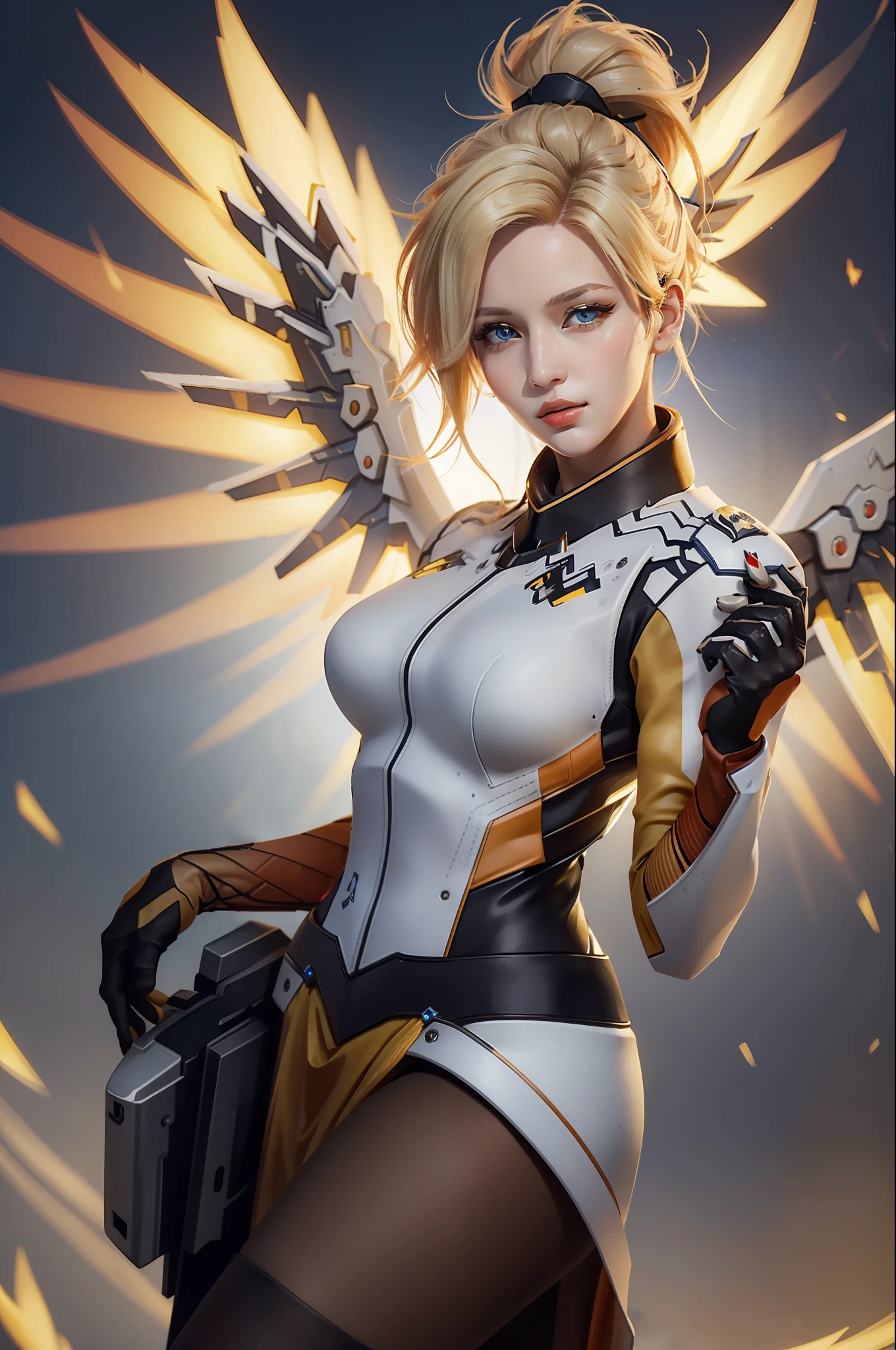 (masterpiece, best quality),  intricate details,
1girl,    1girl, solo, mercy (overwatch), mechanical halo, breasts, blue eyes, blonde hair, pantyhose, mechanical wings, wings, halo,  holding, bodysuit, cowboy shot,  yellow wings, brown pantyhose, lips, gloves, pelvic curtain, black gloves,