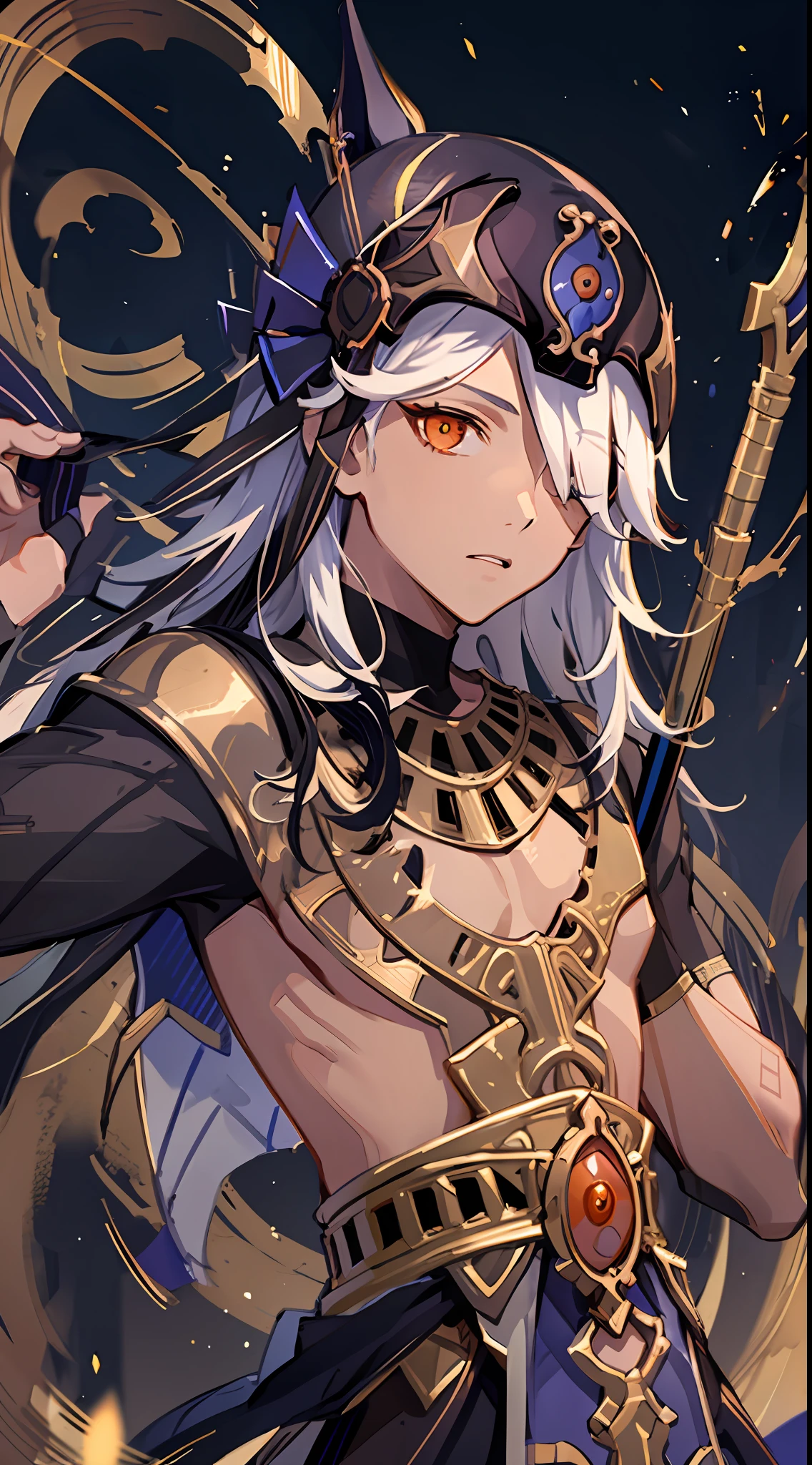 masterpiece, best quality,cyno (genshin impact), 1boy, male focus, long hair, hair over one eye, dark skin, dark-skinned male, solo, weapon, holding, holding weapon, holding polearm, looking at viewer,(kbxll:0.6)