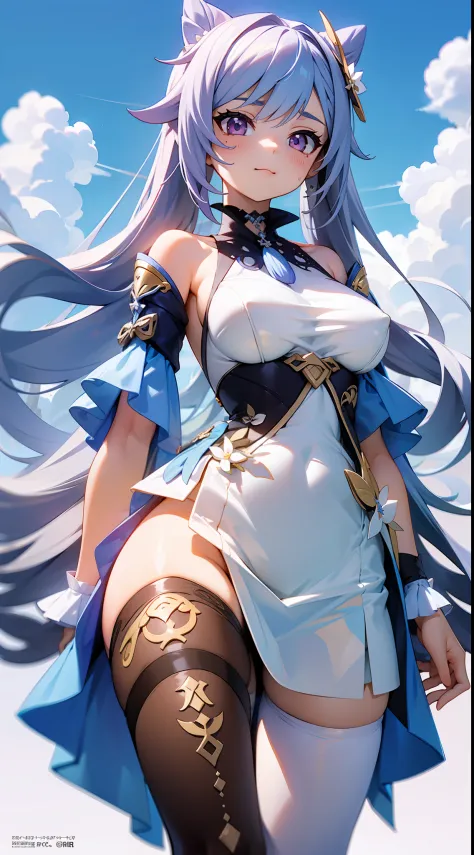 Keqing(Genshin Impact),with blue sky and white clouds，rainbowing，Comic cover style，Premium comic titles，self-shot，Expose abs，Slim figure，cropped shoulders，huge tit，White dress at the bottom，Mesh garment，Fleshy thighs，Below the waist are mesh stockings，Mast...