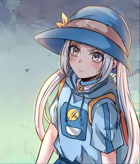 anime girl with long white hair in blue hat and blue shirt, 2 d anime style, ashe, in an anime style, flat anime style shading, ...