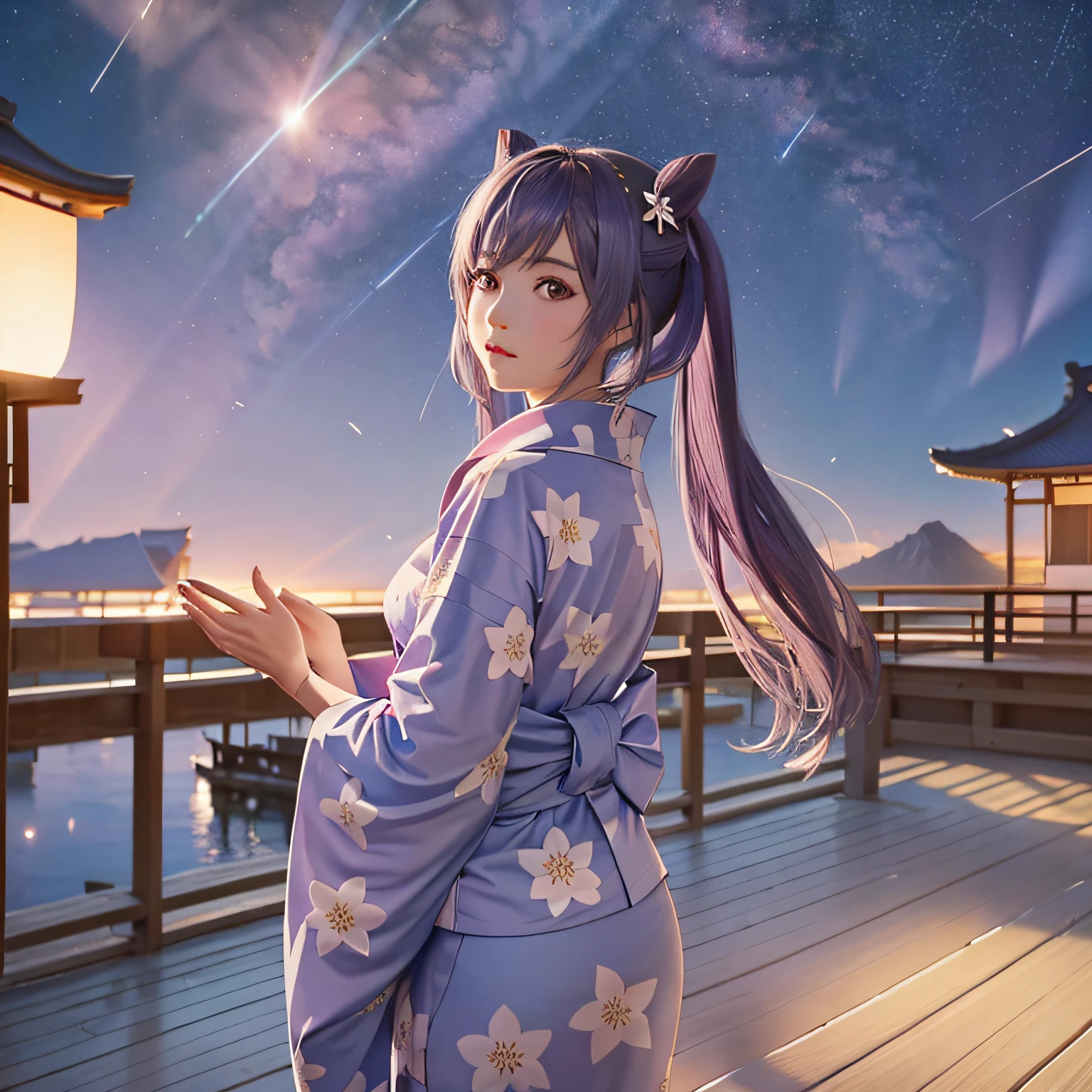 1girl, a distant girl in a kimono staring at the stars, (zoomed out: 1.1), (meteor shower: 1.2), (comet: 1.1), your name, low angle, from behind, northern lights, shooting stars, yukata, red kimono, cherry blossoms, Standing in the field, best quality, masterpiece, cloud, colorful, starry, stars,