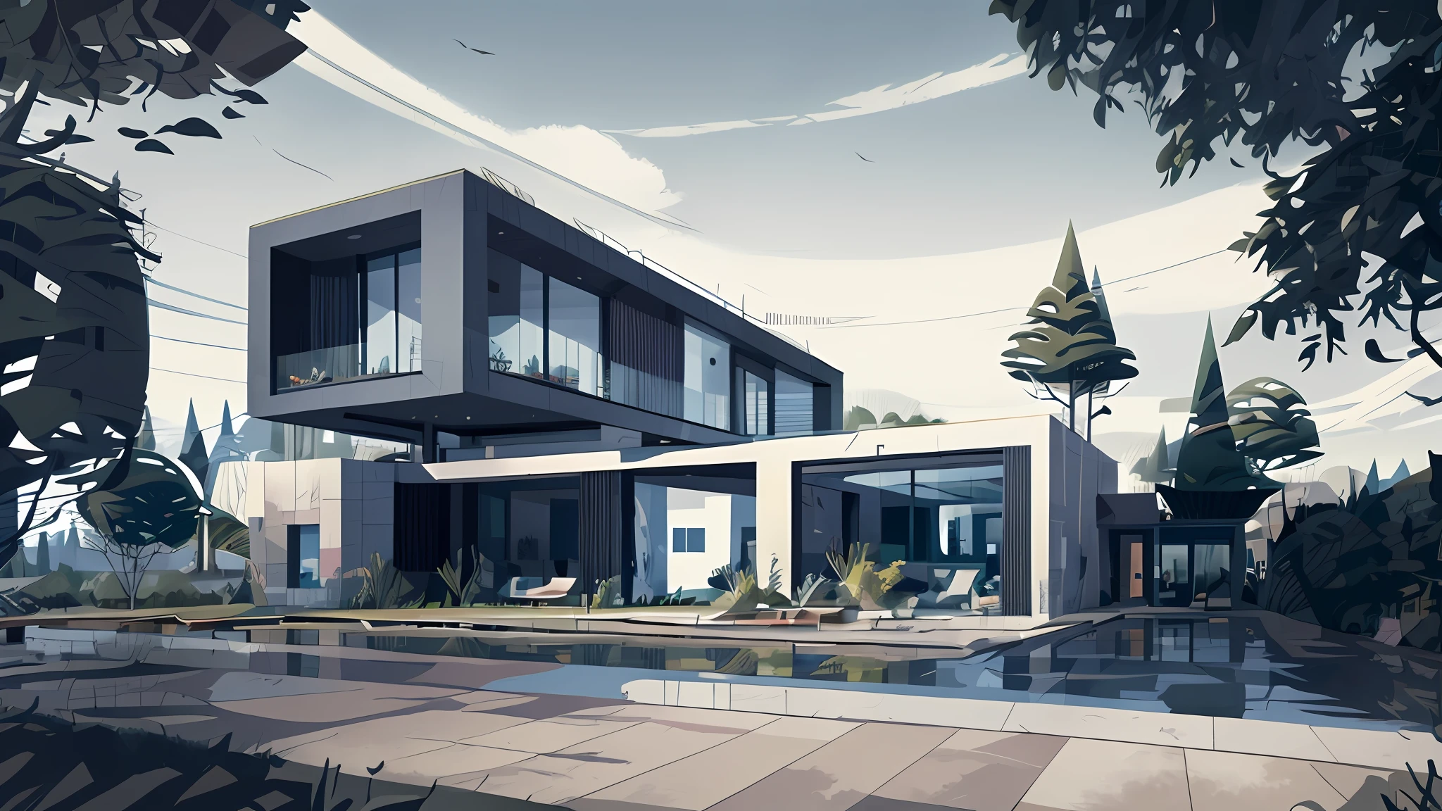 Surrealistic, illustration, architecture building, exterior, many trees, street, car, people