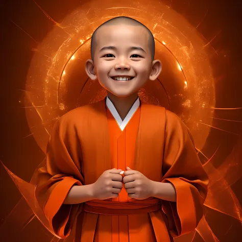 A small monk dressed in a traditional Asian cassock，Light orange and brown style，Libido boy，delicated，ellegance，Smiling face，Fac...