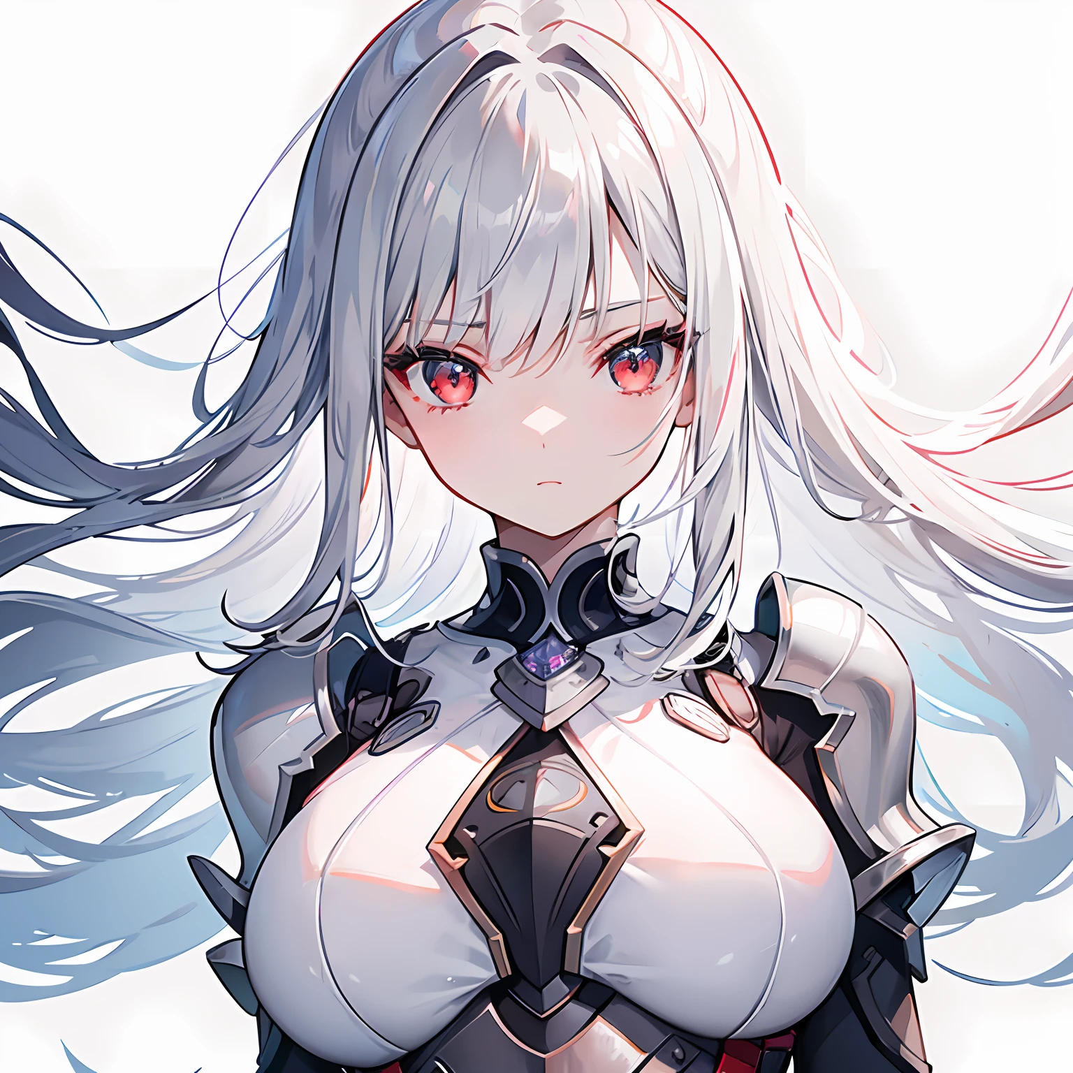 Cute adult girl standing ,girl focus, [upper body close - up], ((Plain gray background)),  poker face, upright immovable, (1girl in:1.3), Bangs,neckless ,facing front,  （white armor:1.4 ), super detail, Crystal Red Eyes,Slender, masterful technique, Long hair, animetic, Solo, Silk White hair, High quality, MastetPiece,ultra hyper-detailed,  (lovely wide breast+ breast covered by armor),[wide hip] , Beautiful Girl, [Detail Face], detail hands, ultra detail eyes,nothing face emotion, Beautiful eyes