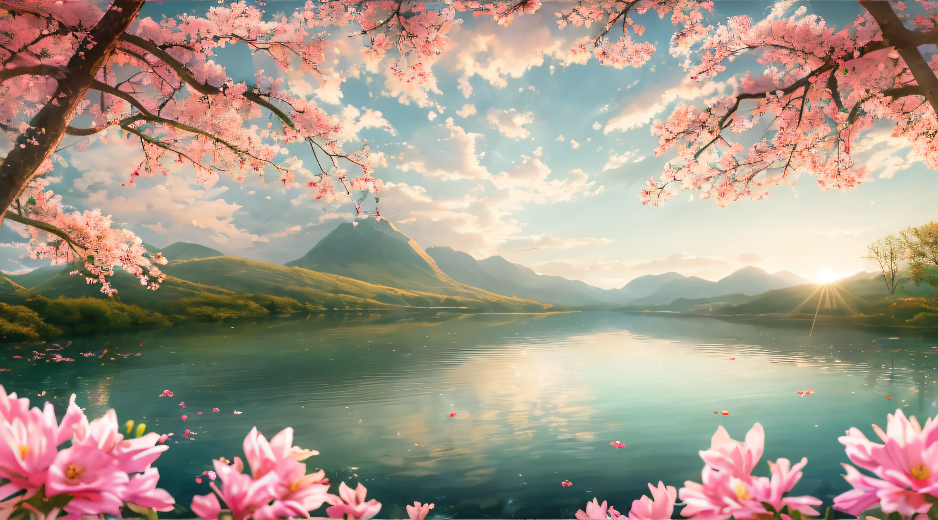 A beautiful Chinese mountain and lake，fresh flowers，（tmasterpiece），（Sea of Clouds），（RAW photogr），（非常详细的 CG 统一 8k 壁纸）iintricate，Clear focus，dramatic，Realistic art，a warm color palette