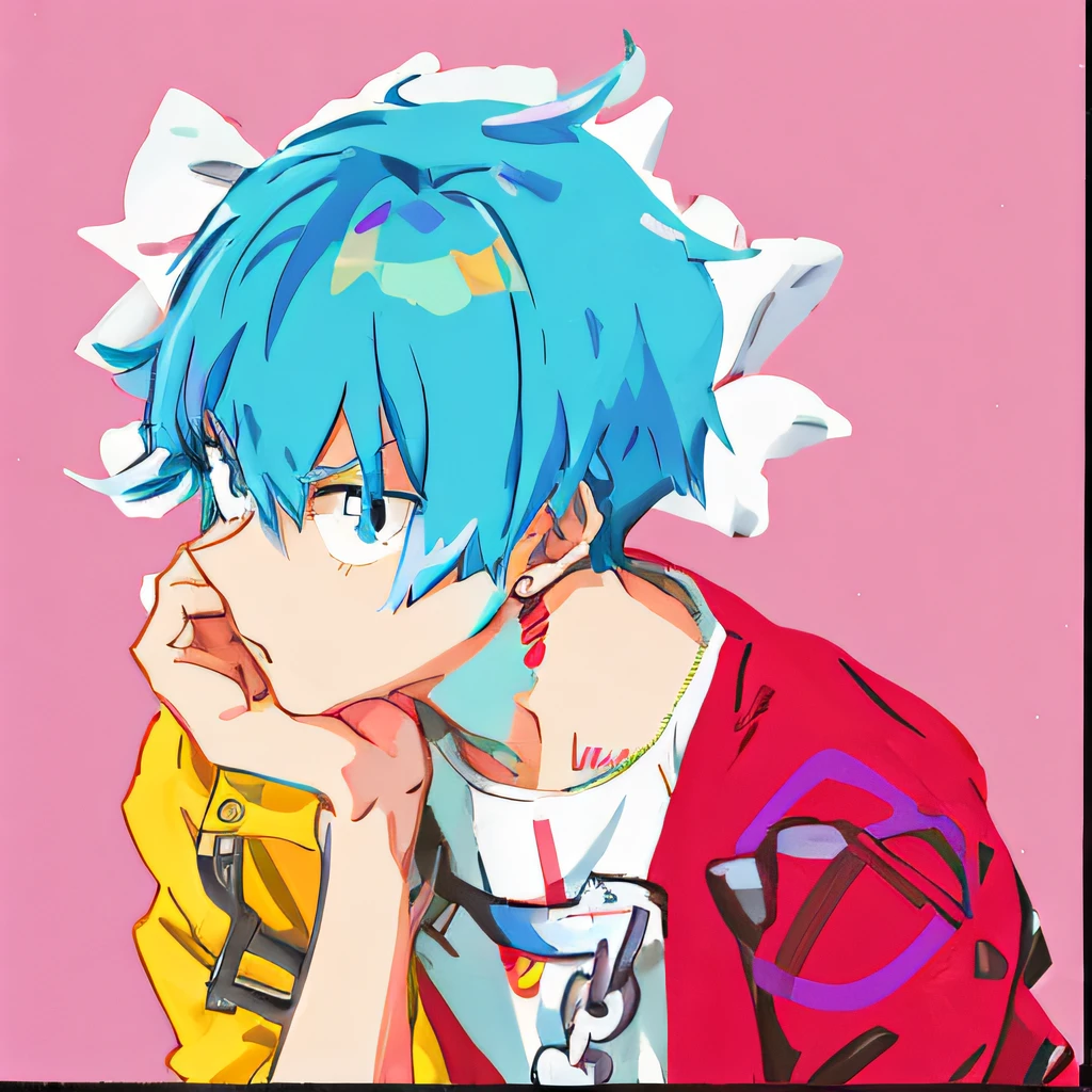 Anime boy with blue hair and red jacket leaning on chin, 2 d anime style, 2d anime, 2D art, 2 d art, trigger anime artstyle, 2 d gorillaz, Anime boy, anime moe art style, 2 d from gorillaz, 2d from gorillaz, anime art style, style of anime, made with anime painter studio