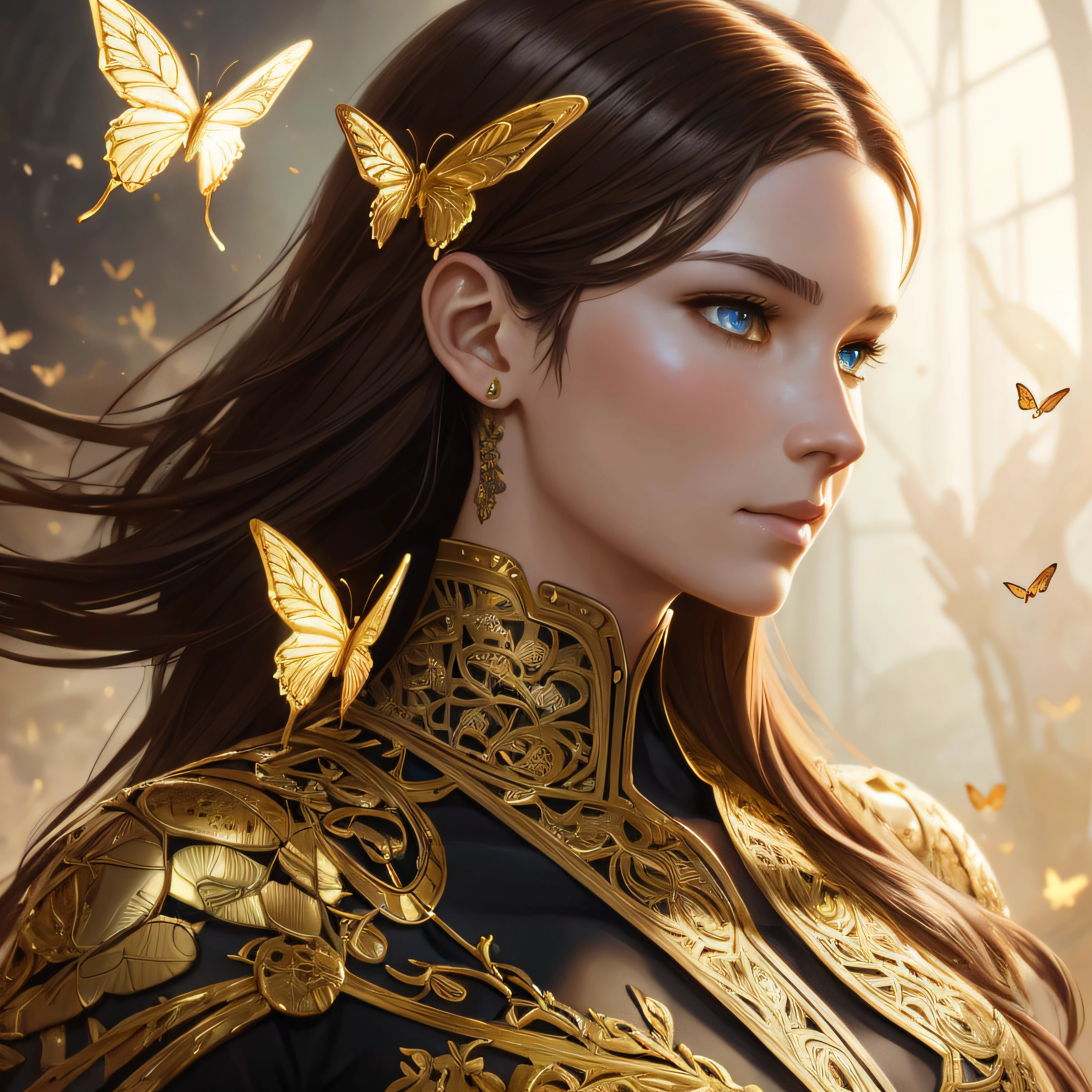 8k portrait of beautiful cyborg with brown hair, intricate, elegant, highly detailed, majestic, digital photography, art by artgerm and ruan jia and greg rutkowski surreal painting gold butterfly filigree, broken glass, (masterpiece, sidelighting, finely detailed beautiful eyes: 1.2), hdr, --auto