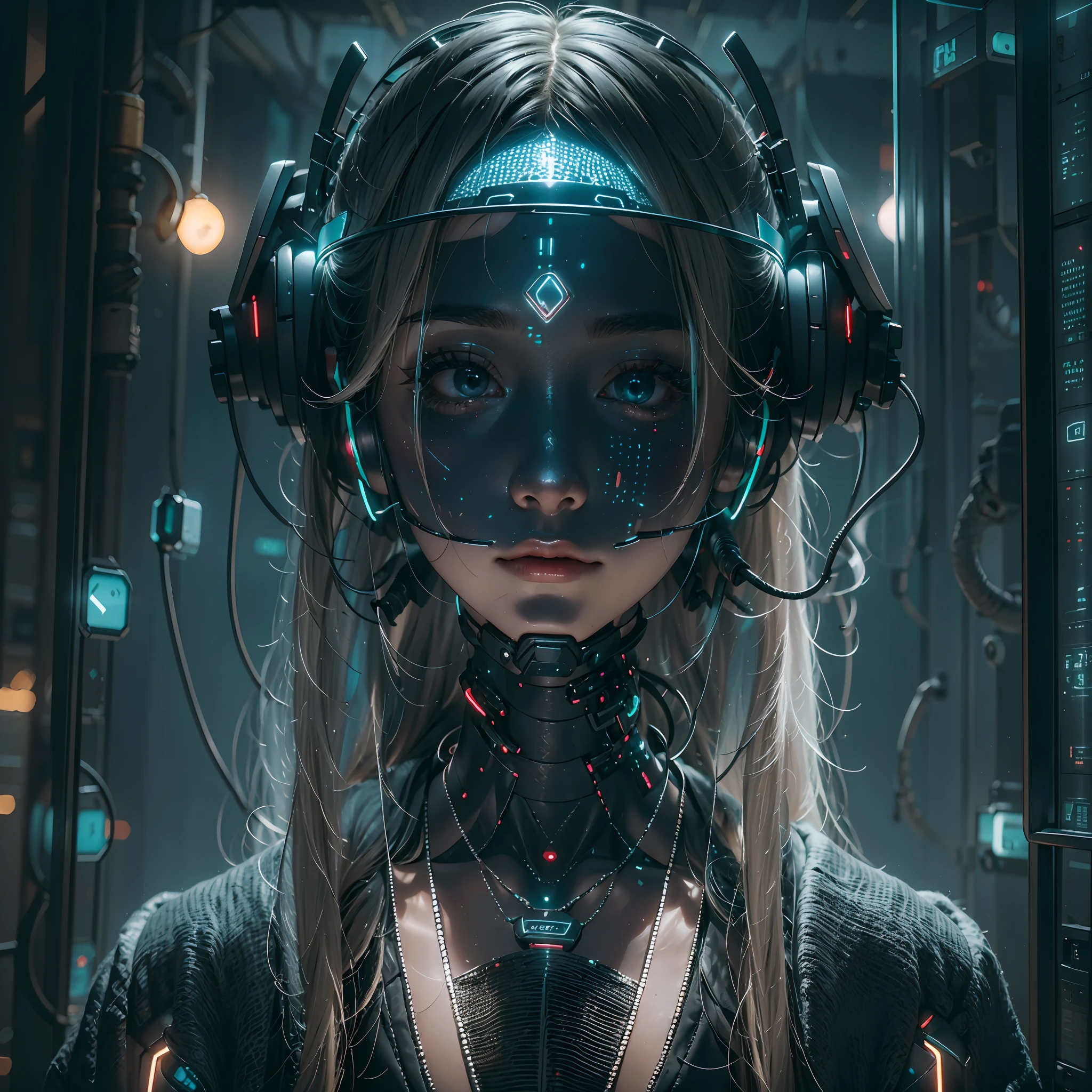 1girll，Perfect facial features，delicated face，(((Clean face)))，(cyber punk perssonage:1.3)，Bring headphones，shelmet，jewely，eardrop，choker necklace，inside in room，Electronic wire background，best qualtiy，tmasterpiece，Movie filter presetovie level lighting，C4D Rendering，rendering by octane，with light glowing，High chiaroscuro，