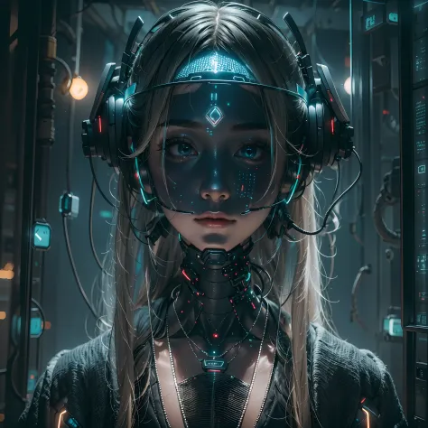 1girll，perfect facial features，delicated face，(((clean face)))，(cyber punk perssonage:1.3)，bring headphones，shelmet，jewely，eardr...