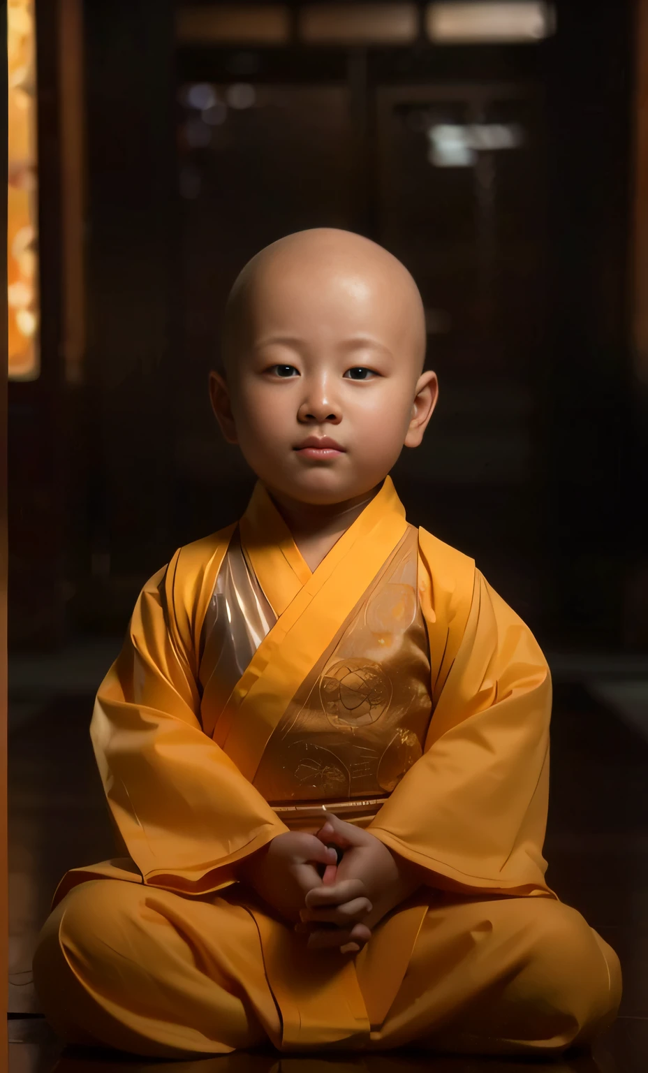 Close-up of a bald child sitting on the floor in a robe, monk clothes, Buddhist, buddhist monk, yellow robes, dressed in simple robes, portrait of monk, monk, wearing a long flowing robe, Yellow robe, wearing brown robes, 21st century monk, Golden robes, ancient japanese monk, Serene expression, with yellow cloths, golden-white robes