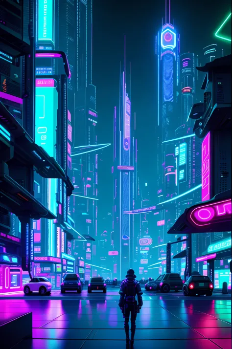 Futuristic city with neon lights and a man standing in the middle of the street, in a futuristic cyberpunk city, at cyberpunk city, futuristic street, futuristic city street, busy cyberpunk metropolis, futuristic cyberpunk city, Cyberpunk art style, cyberp...