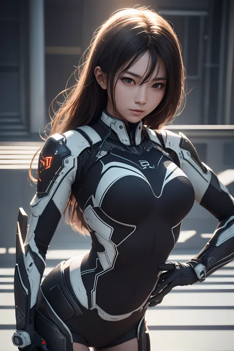 gorgeous girl with extremely intricate overly tight tech mech suit and very large breasts and perfect body with transparency, Japanese idol, drenched translucent bikini, perfect Asian  face, Top Quality, Masterpiece, Ultra High Resolution, Raw Photo, octan...