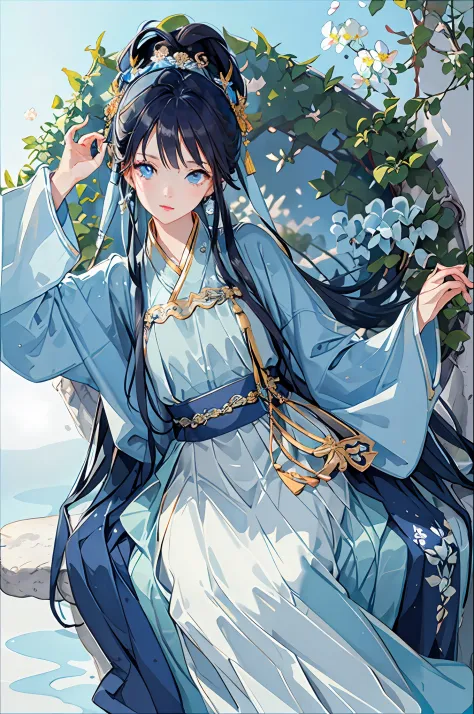 Best quality，Complicated details，High- sharpness，（beautiful detailed  water：1.4），（Hanfu，Tang style），（blue colored eyes，（Girl in a glass jar：1.1），Cold