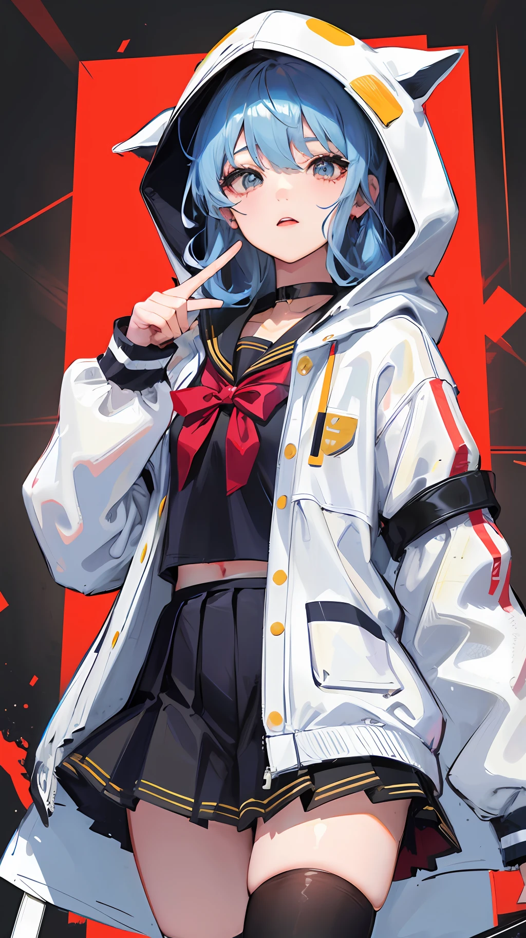 masterpiece, best quality, highres, sui3, hood up, hoshimachi suisei, solo, white jacket, animal hood, white socks, open jacket, pleated skirt, black skirt, black sailor collar, black choker, school uniform, black shirt, puffy long sleeves, standing, cowboy shot,