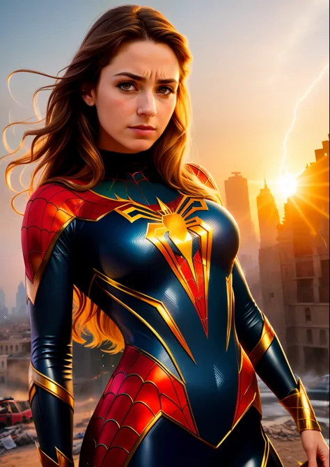 Beautiful woman of European appearance in detailed brown Spider-Man costume, big breastes, Superhero pose, standing in a ruined city at sunset, hyper-detailing, Smoke, sparks, sunlight rays (8 thousand), Realistic, Symmetrical, Award-winning, Cinematic Lig...