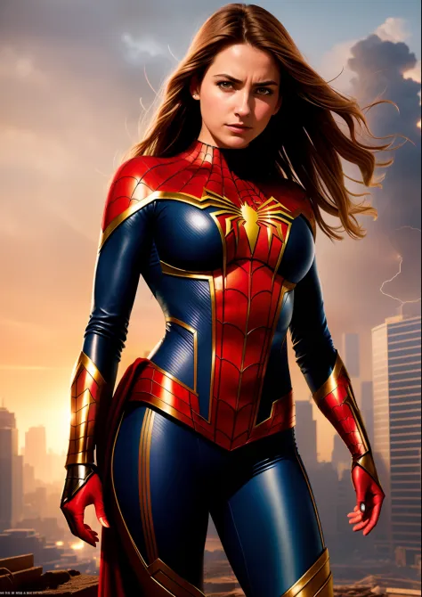 Beautiful woman of European appearance in detailed brown Spider-Man costume, big breastes, Superhero pose, standing in a ruined city at sunset, hyper-detailing, Smoke, sparks, sunlight rays (8 thousand), Realistic, Symmetrical, Award-winning, Cinematic Lig...