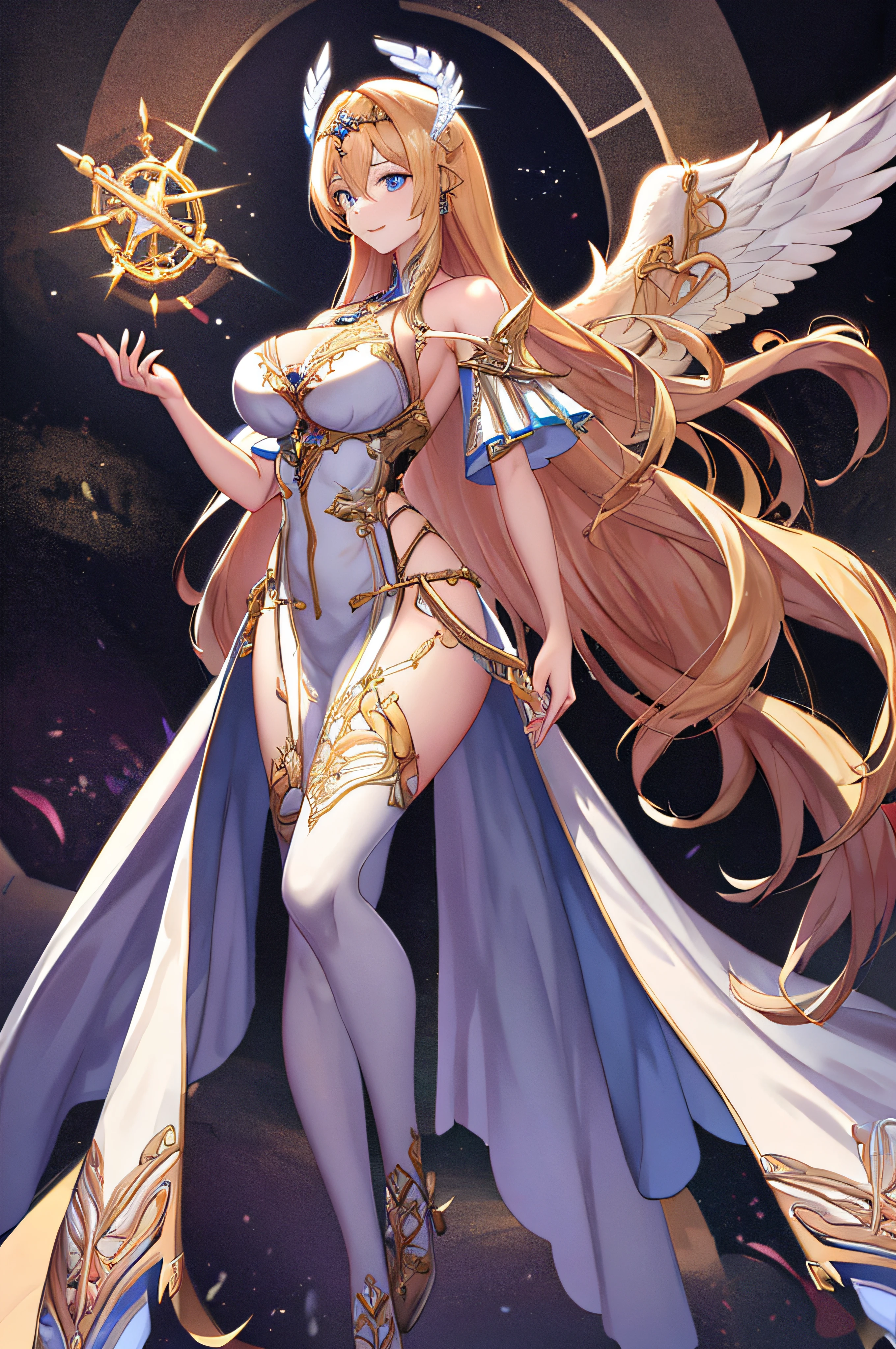 high priestess，valkyrie，Angel wings，navel，Side Chest，complex，light particules，upper legs，shiny skins，perfect litthing，1girll，looking at viewert，Headdress with wings，pelvis curtain，ssmile，（tmasterpiece），（Best quality at best），very Bigger breastaternal，Porcelain skin，Honey Blonde Hair，Very long hair，Wavy hair，Best quality at best，Perfect face，Normal proportions fingers