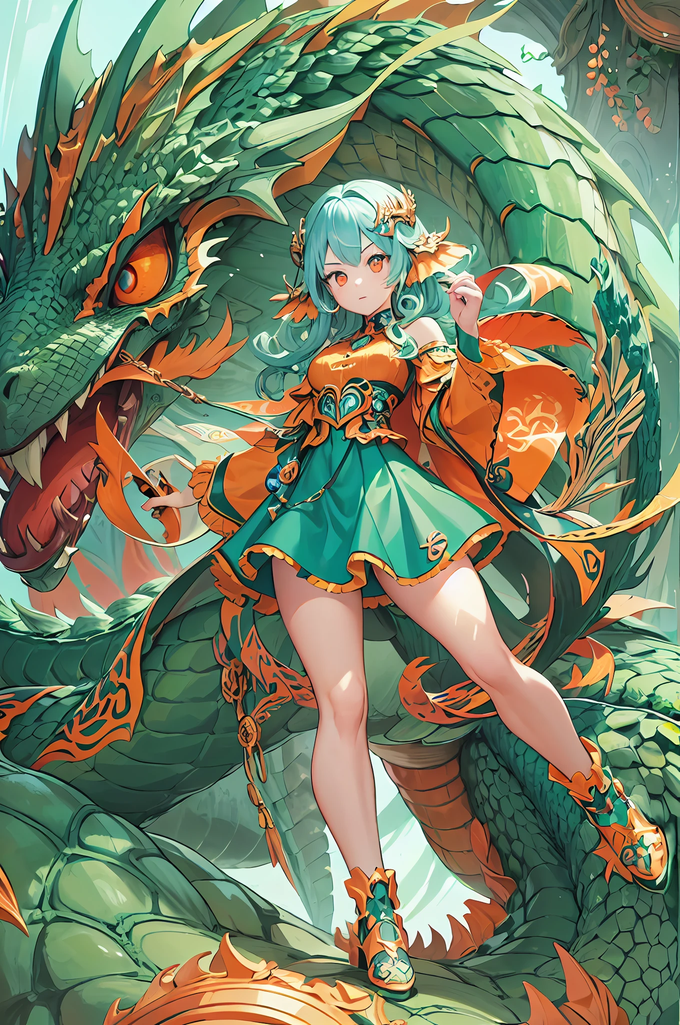 1girl, orange and blue hair, bright silver eyes, modern clothing, fashion outfit, ultra curly hair, dragon with green scales and red eyes, background is magnificent and ultra detailed, cute face, pretty, floating pose, cute legs, fullbody