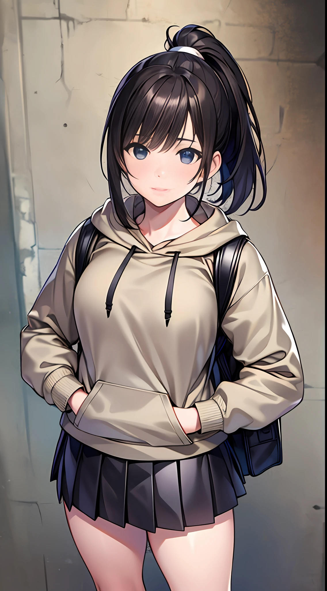 hyper HD, Masterpiece, Textured skin, Super detail, High details, High quality, Best quality, A high resolution, 8K, 16k，full body,a women ,solo,pure Brown hoodie, whitet-shirt, grey Mini pleated skirt ，long socks, Black leather boots, Black backpack， long black hair，comic bangs，high ponytail，Blush,realistic face,realism, a character portrait, white background