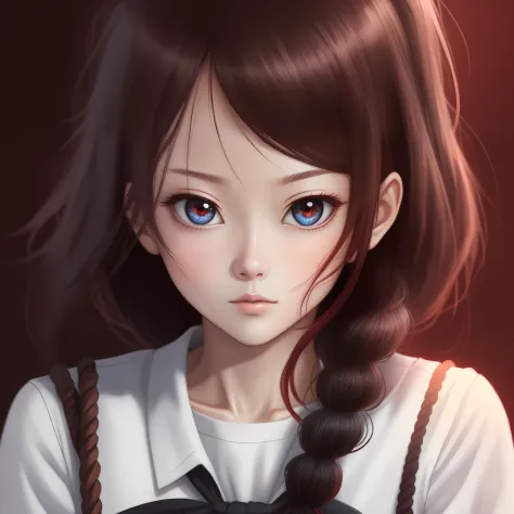 schoolgirls，Anime style，head portrait，8K，super detailing，Cool，largeeyes，二重まぶた，Black hair，Red head rope，The background is beautiful
