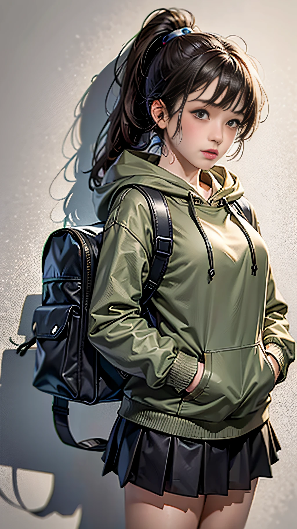 hyper HD, Masterpiece, Textured skin, Super detail, High details, High quality, Best quality, A high resolution, 8K, 16k，full body,a women ,solo,pure Brown hoodie, whitet-shirt, grey Mini pleated skirt ，long socks, Black leather boots, Black backpack， long black hair，high ponytail，Blush,realistic face,realism, a character portrait, white background