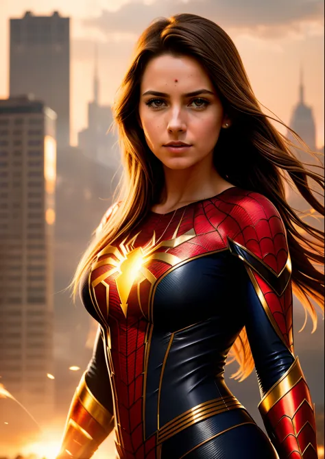 Beautiful woman of European appearance in a detailed brown Spider-Man costume, big breastes, Superhero pose catches, Joyful, Standing in a ruined city at sunset, hyper-detailing, Smoke, sparks, sunlight rays (8 thousand), Realistic, Symmetrical, Award-winn...