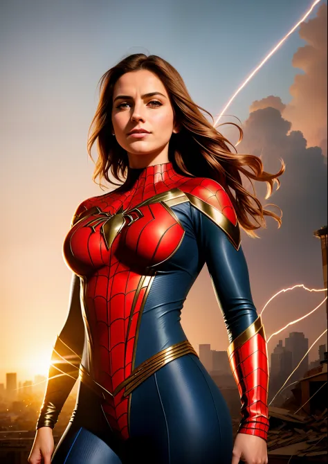 Beautiful woman of European appearance in a detailed brown Spider-Man costume, big breastes, Superhero pose catches, Joyful, Standing in a ruined city at sunset, hyper-detailing, Smoke, sparks, sunlight rays (8 thousand), Realistic, Symmetrical, Award-winn...