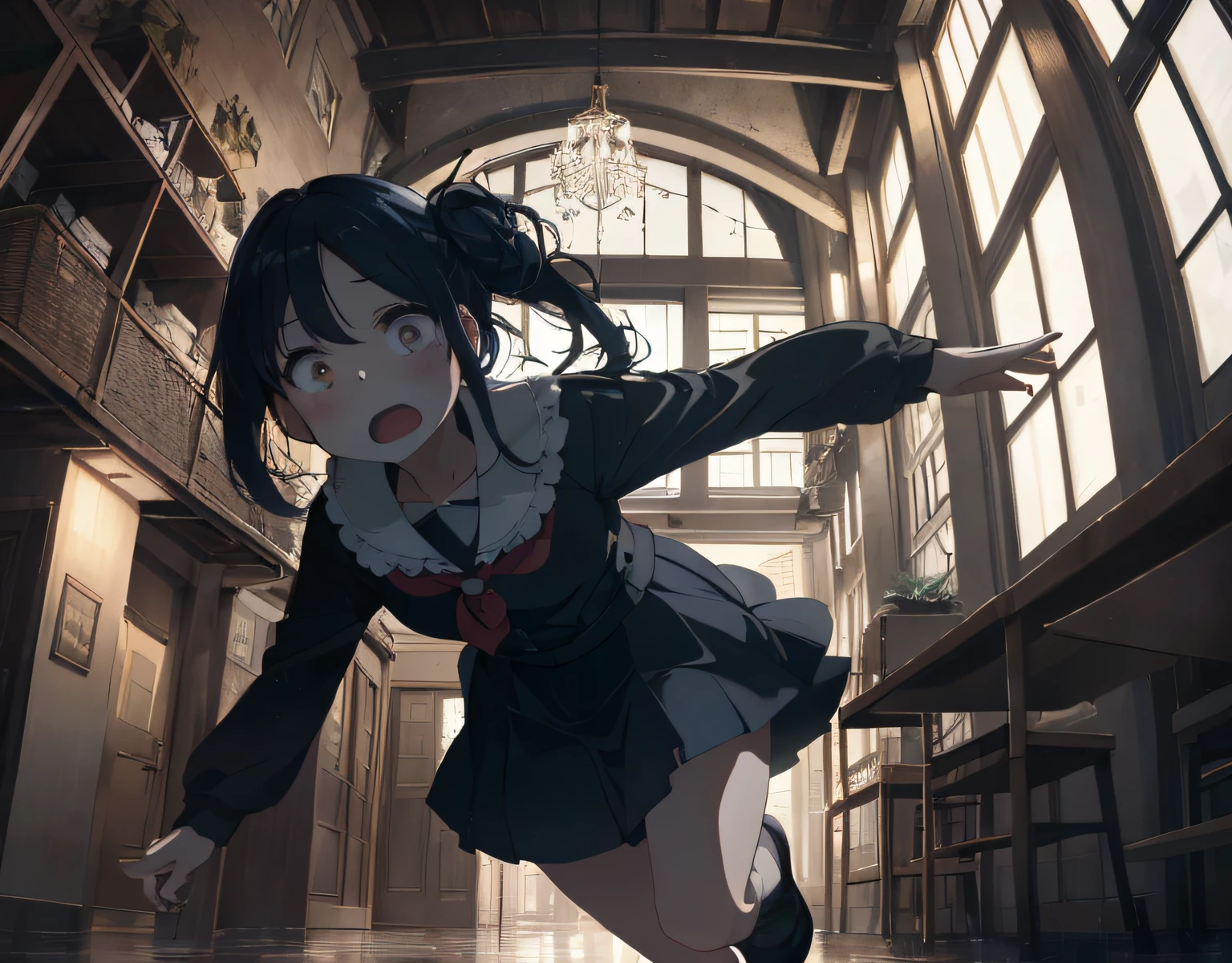 masterpiece, best quality, ultra-detailed, illustration, an extremely delicate and beautiful, cute, 2girl, yuri,two girls holding hands and running, energetic, active, anime, cute, black hair, labyrinth, Mysterious world, night, rain outside the window, lanthanum, search, adventure, run away, chased, dark blue colored skirt, intricate building, complex architecture, dynamic angle, cinematic angle, indoor , wide shot, run, huge building, dark and light, troubled eyebrows, scared, anguish, white blouse, decadent, drifting, where are we? , looking around, fisheye lens, vulgarity, open mouth