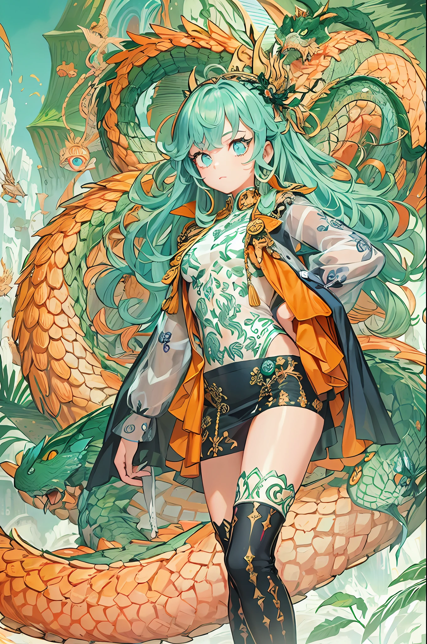 "1girl with orange and blue hair and bright silver eyes, wearing a modern and fashionable outfit, with ultra-curly hair. She is posing in a cute and floating position, surrounded by a magnificent and highly-detailed background. There is also a dragon with green scales and red eyes in the scene."