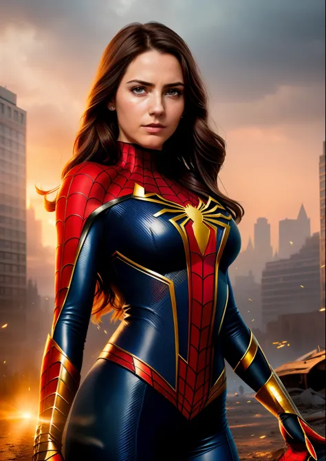 Beautiful woman of European appearance in a detailed Spider-Man costume, big breastes, Sad, Crying, teardrops, Portrait in the background in a ruined city at sunset, hyper-detailing, Smoke, sparks, sunlight rays (8 thousand), Realistic, Symmetrical, Award-...