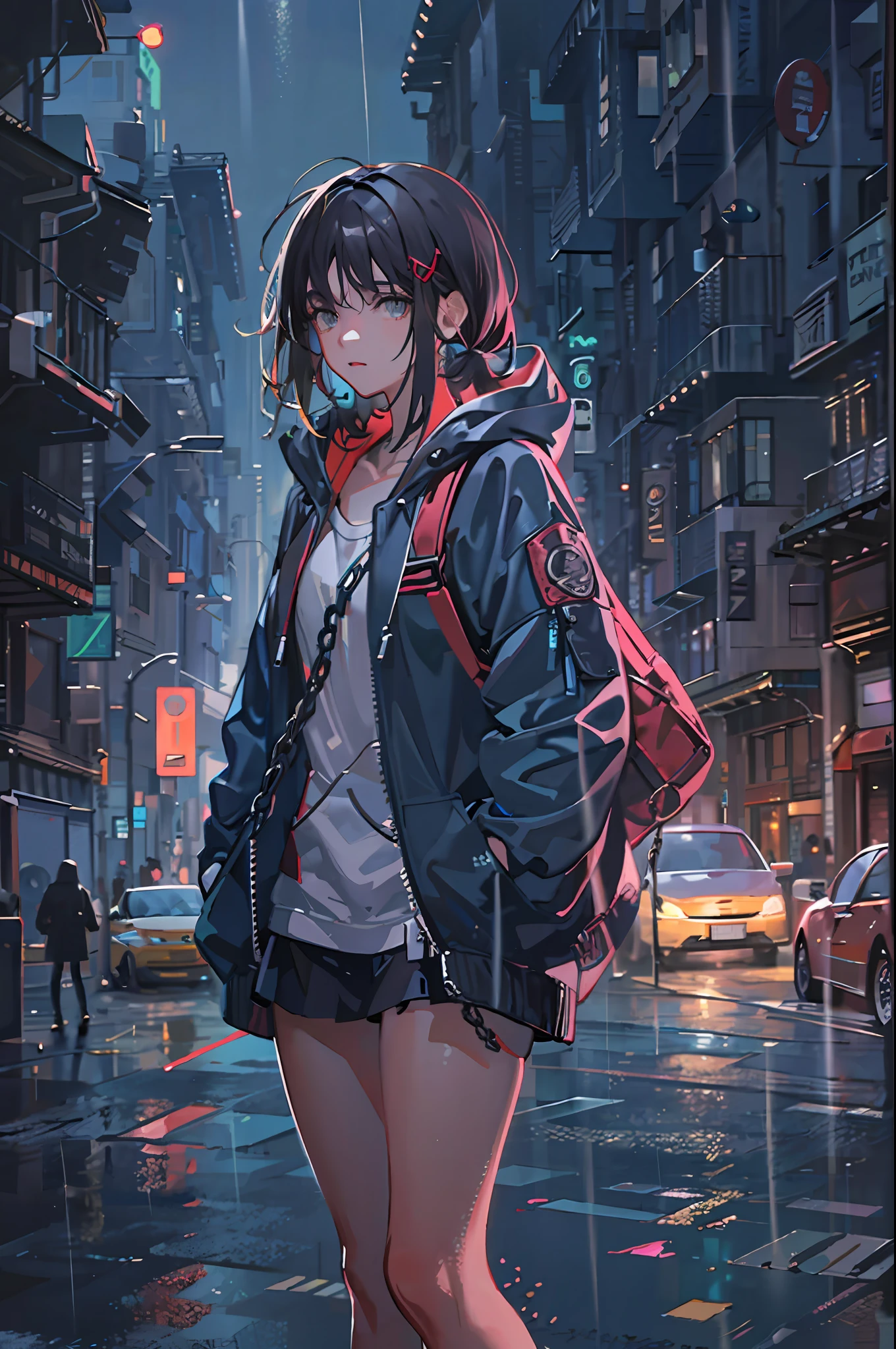 1girl, jacket, rain, outdoor, hoodie, open jacket, chain, backpack, looking at another, messy hair, trending on artstation, 8k resolution, highly detailed, anatomically correct, sharp image, digital painting, concept art, trending on pixiv, style of makoto shinkai,