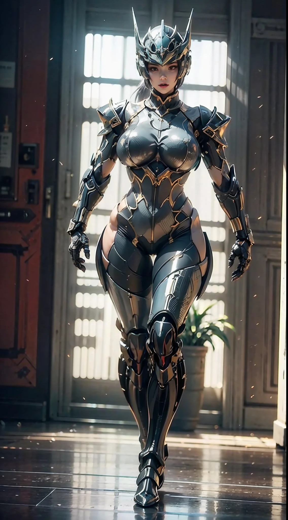 ((Unreal Engine 5)), Realistic Rendering, Excellent, (Full bodysuit:1.2), (breastplate), (helm), looking on camera, 1girl standing on studio, beautiful face, (kpop makeup), CGImix, (photorealism:1.2), ultrarealistic uhd face, (hugefaketits:1.4), (gigantic breasts:1.1), (muscle abs), (big butt), (wide hips), (thick thighs), slim waist, hourglass figure, half body, ((glowing skin)), ((shiny skin)), Realistic perfect body, ((she is sexy body)), ((clean skin)), photorealistic, bokeh, motion blur, masterpiece, highres, 1080P, super detail, textured skin.