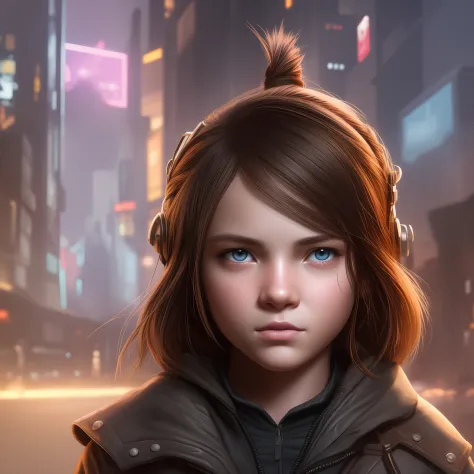 Movie scene character design，Cyberpunk background，A girl of about 10 years old，Curved hair，brown  hair，It seems to be a promise，...