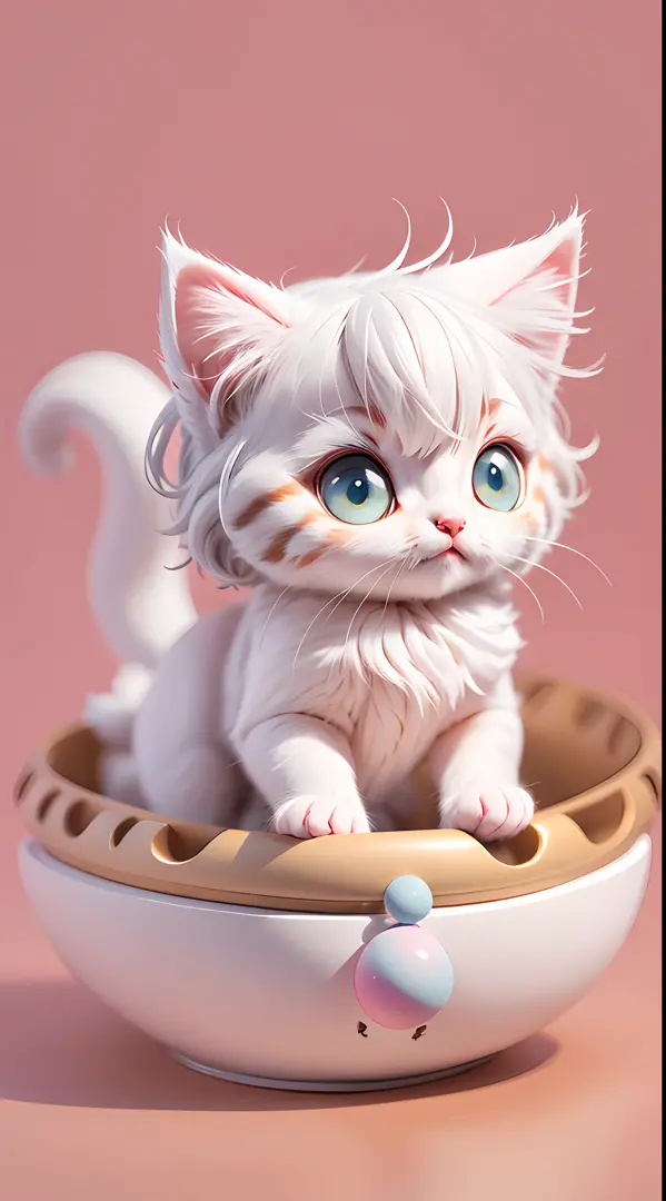 A white-haired kitten，adolable，spherical，afloat，shaggy，Big eyes，Non-human，In pink，Simple，Morandi color system