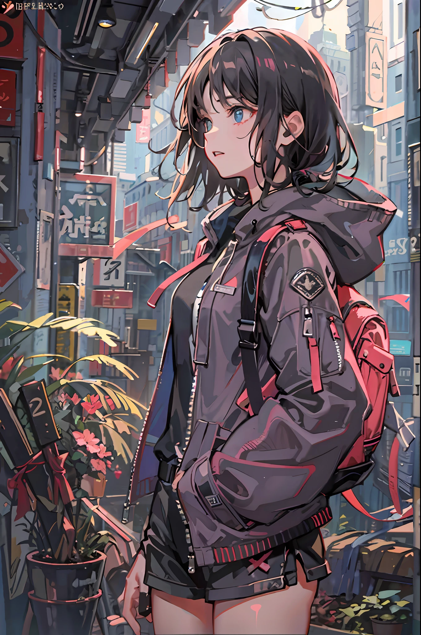 1girl in, jaket, Sateen, Plein Air, parka, Open jacket, chain, backsack, Look at another one, hair messy, Trending on ArtStation, 8K resolution, Highly detailed and anatomically correct, Sharp Images, digitial painting, concept-art, trending on pixiv, style of makoto shinkai,Buttocks、The base of the thigh