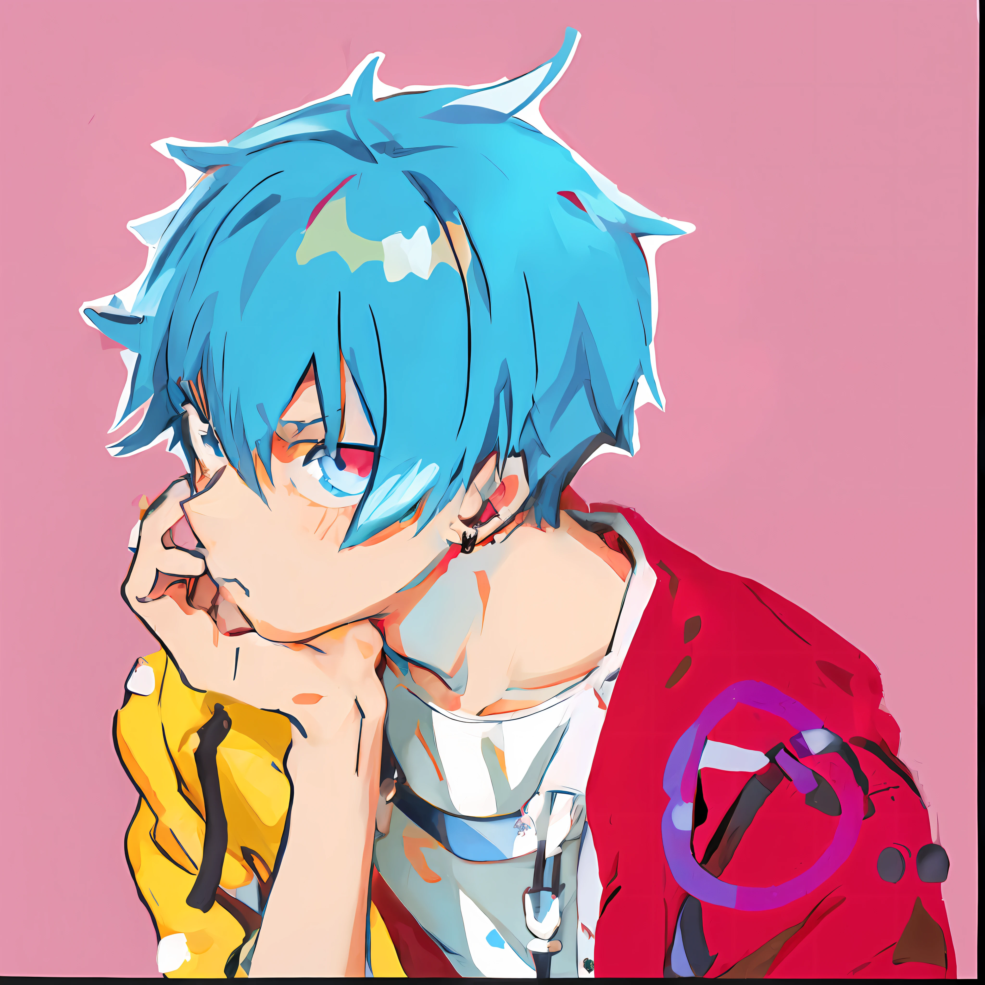 Anime boy with blue hair and blue eyes resting on his chin, 2 d anime style, 2d anime, 2D art, 2 d art, 2d art cover, 2d from gorillaz, 2 d from gorillaz, 2 d gorillaz, trigger anime artstyle, 2 d digital, 2 d style, anime moe art style, Anime boy