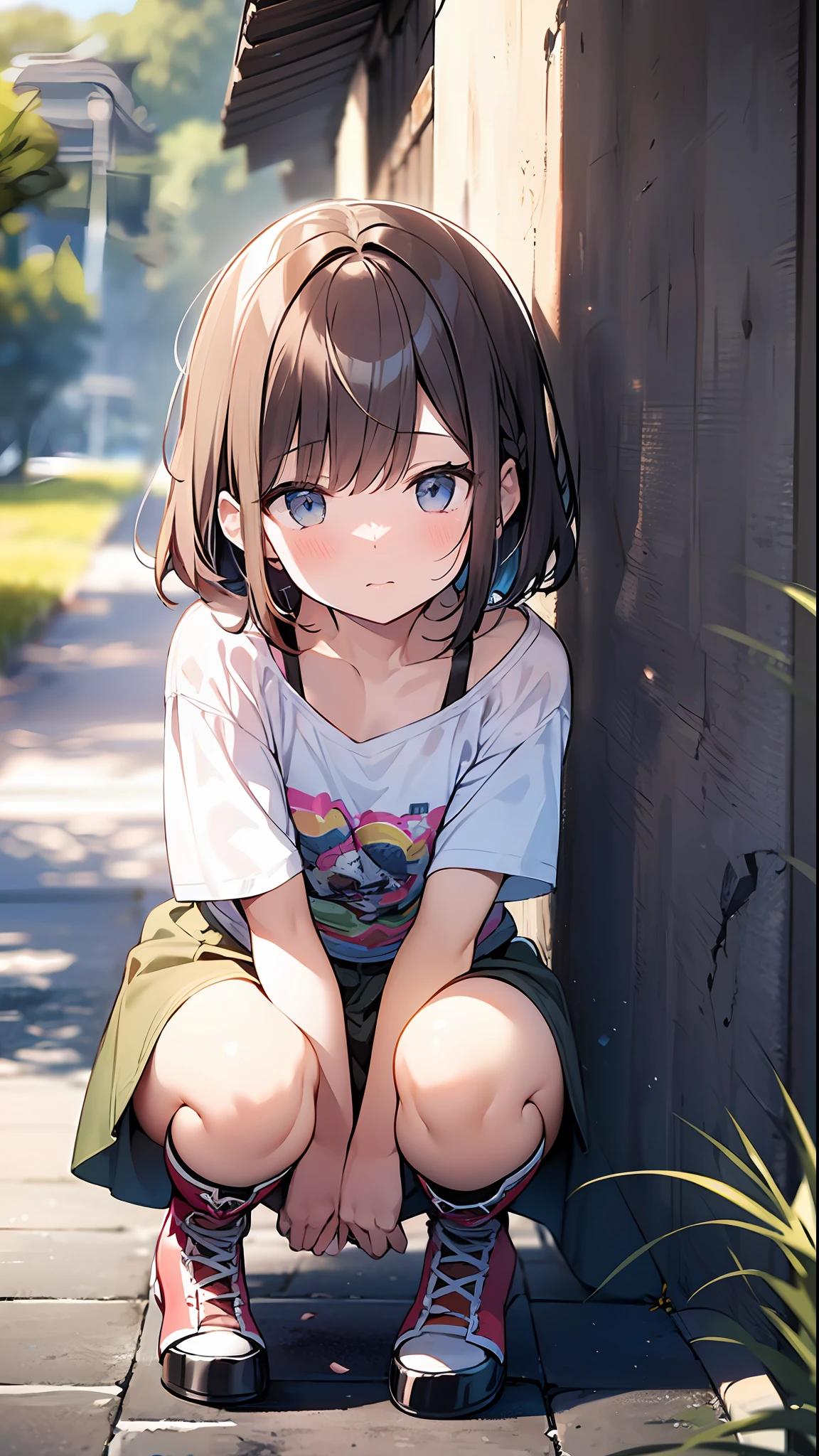 (top-quality、8K、32K、​masterpiece、nffsw:1.2)、a cute loli、Medium short hair、short braiding、beauitful face、(Slouched:1.3)、crouching down、(From  above:1.2)、(a closeup:1.4)、small curvy loli、((You can see the chest))、Loose baggy T-shirt、(beautiful nipple slips:0.9)、outside of house、the wind、shinny skin、blurry backround、