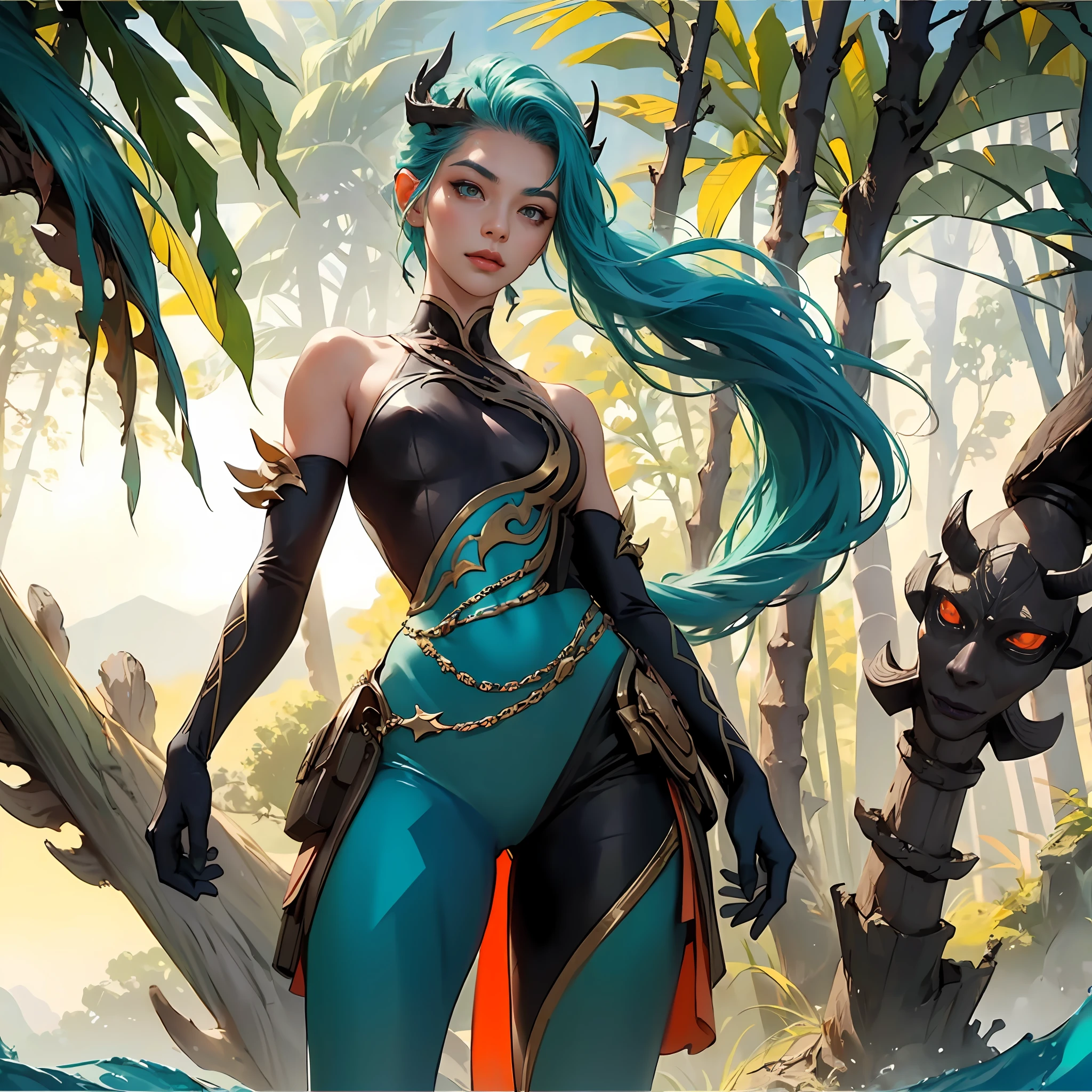 ((A tall girl stands upright, holds his hand in front of him and points forward;)), peeking out from under his forehead, BREAK, (Dark background, Bamboo forest), (Slim_thights:1.3), ((big breastes)), Slender_thights, aqua hair, 1girl, solo, (Miniature body:1.4), generous cleavage, detailed anatomy, the perfect body, Detailed body, detailized face, Beautiful anatomical eyes. BREAK Kaisa Dragon Lagoon,  The BREAK is very detailed, Intricately detailed art, Artstation's Detailed Triadic Color Trend in Unreal Engine 5, 8K resolution, deviantart masterpiece.